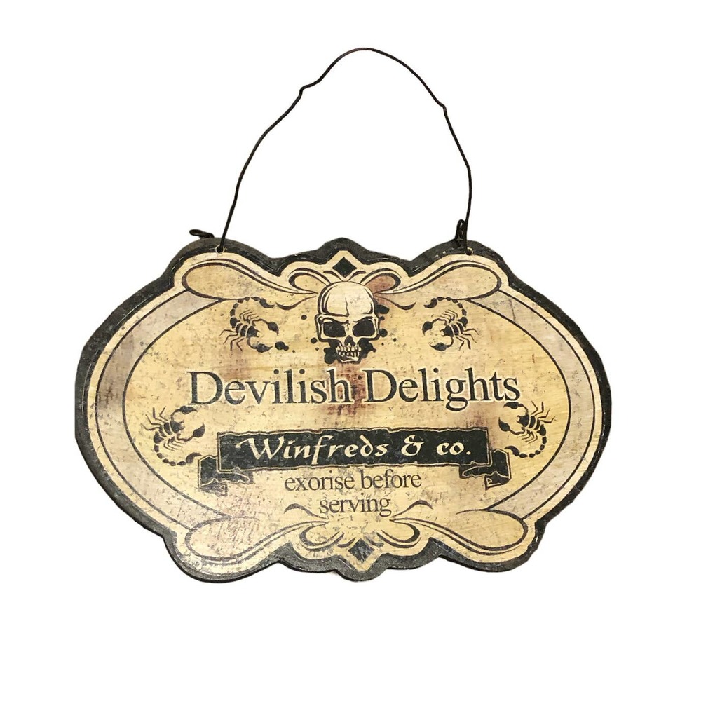 Vintage Halloween Hanging Wood‎ Sign Devilish Delights Winifred & Co Hocus Pocus
